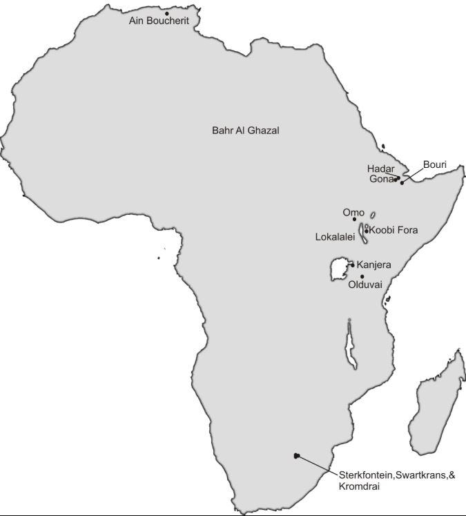 Un mapa de África que muestra a Ain Boucherit y otros sitios importantes en África con fósiles de Oldowan y homínidos. Fotografía: M. Sahnouni